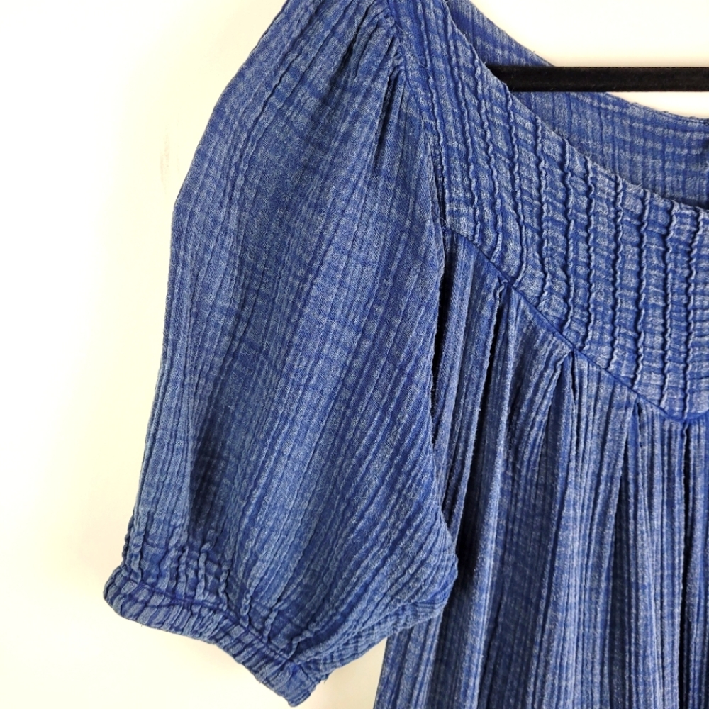 Free People Dress Size S Blue Cotton Gauze Tiered Puff Sleeve Lagen  Boho - Picture 3 of 11
